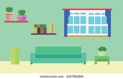 living room interior sofa table bookcase flat design