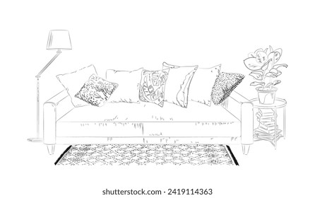 Living room interior with sofa, table, books, lamp and plant ficus. Vector sketch illustration