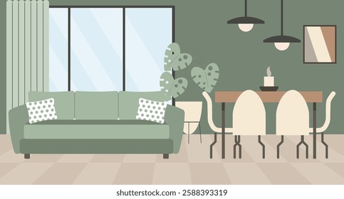 Living room interior with sofa, table and chairs, home plants, window and picture frames. Modern design, illustration in flat style.