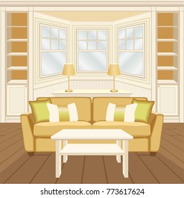 Living room interior with sofa, table, book cases and commode. Oriel walls covered by wooden panels (boiserie). Vector illustration.