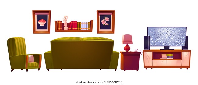 Living room interior with sofa and tv back view, bookshelf and armchair. Cozy apartment with couch front of television set on stand, pictures home design elements isolated, Cartoon vector illustration