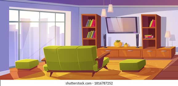 Living room interior with sofa and tv back view, bookshelves and couches. Empty apartment with cozy seat front of television set on wall and large window, home design Cartoon vector illustration
