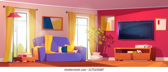 Living room interior with sofa, tv set and play console with joystick, potted plant. Vector cartoon illustration of lounge with coffee table, wooden floor and lamp. Big windows with sunlight or beam - Shutterstock ID 2175235087