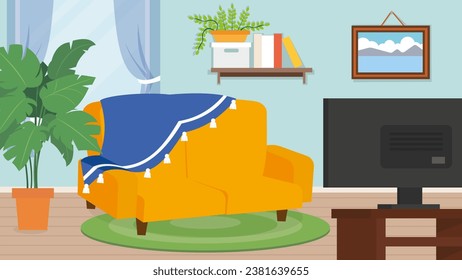 Living room interior with sofa, tv and plant. Vector illustration.