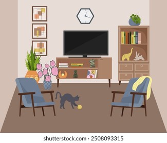 Interior del salón con sofá y TV. Dos sillones acogedores. Librería, libros y figuritas. Plantas decorativas en macetas. Gato jugando con una pelota. Fotos en la pared. Ilustración vectorial