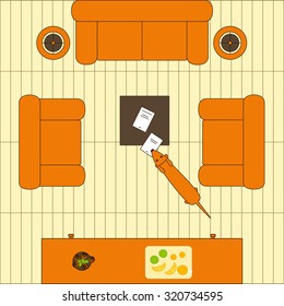 Living room interior. Sofa, two chairs, floor lamps, small table with magazines, dachshund pulling one of them, chest of drawers with vase and tray on it. Flat style illustration. Top view. Flat lay