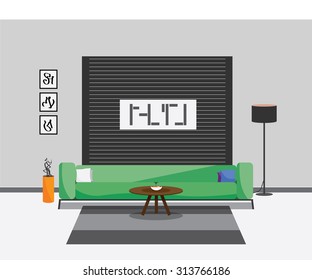 Living room interior with sofa. Vector illustration