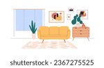 Living room interior. Sofa, wall arts, framed pictures, cabinet and house plants in apartment design. Couch, window, houseplants in livingroom. Flat vector illustration isolated on white background