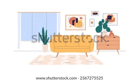 Living room interior. Sofa, wall arts, framed pictures, cabinet and house plants in apartment design. Couch, window, houseplants in livingroom. Flat vector illustration isolated on white background