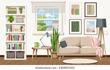 Living room interior with a sofa, a white bookcase, a window, pictures, and houseplants. Cozy room interior design. Cartoon vector illustration