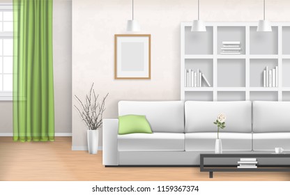 Living room interior with sofa, window, bookshelves and picture frame. Realistic vector illustration in 3d style.