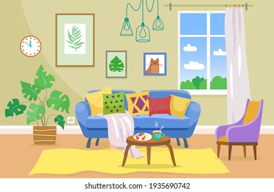 Wohnzimmereinrichtung. Ein Zimmer mit Sofa, Fenster, Gemälde. Flache Vektorgrafik.
