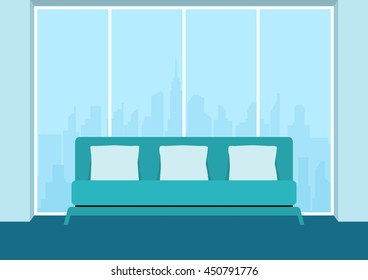 Living room interior with sofa and window. Furniture in living room. Flat design style. Vector Illustration.