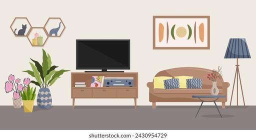 Living room interior with sofas and TV. Side table and floor lamp, personal accessories coffee table with vase, painting and plants. Vector flat illustration.