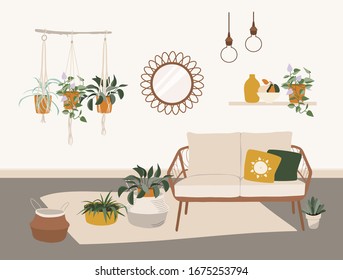 Living room interior with stylish comfy boho furniture and home decorations. Apartments furnished in trendy Scandinavian style. Flat colorful vector illustration.