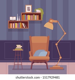 Living room interior with a tall floor lamp. Cozy corner for reading, a cute nook to bring a welcoming sense of sweet home, dark calm wallpaper ideas pattern. Vector flat style cartoon illustration