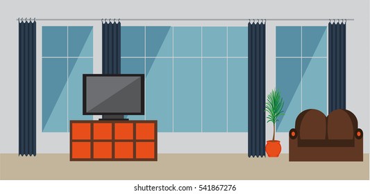 Living room interior. There are sofa, large windows and curtains, chest of drawers, TV