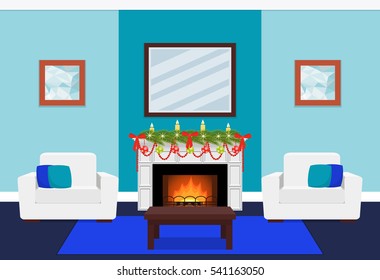 Living room interior with tree branch on fireplace. Christmas design. Vector in flat style including furniture. Xmas background.