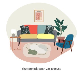 Living room interior. Trendy design of living room retro furniture and decoration. Cozy home furnished with armchair, coffee table, lamp, picture, potted plants. Colorful flat vector illustration.