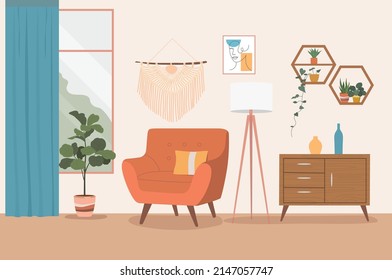 Living room interior. Trendy scandinavian hygge living room interiors. Vector flat cartoon illustration