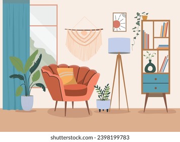 Living room interior. Trendy scandinavian hygge living room interiors. Vector flat cartoon illustration