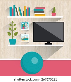 Living room interior. Tv and book shelves. Flat design vector illustration. 