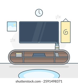 Living room interior with TV, clock, framed pictures, cabinet and house plants in apartment design. Flat outlined vector.