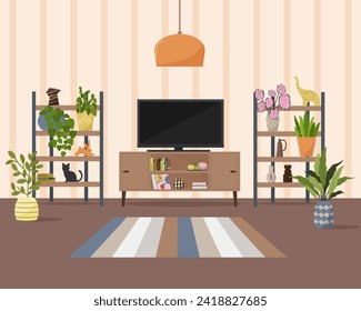 Living room interior with TV. Shelves for plants and personal accessories, figurines and vases. Decorative plants for comfort. TV stand with books. Bright lampshade. Vector flat illustration.