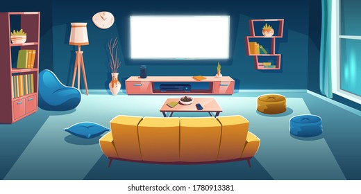 Living room interior with tv and sofa back view at night time. Dark apartment with couch front of working television set on wall, empty home design with bean bag chair, Cartoon vector illustration