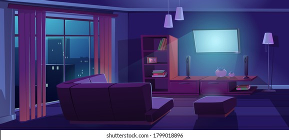 Living Room Interior With Tv And Sofa Back View At Night. Dark Apartment With Corner Couch Front Of Working Television On Wall, Empty Home Design With Furniture And Decor, Cartoon Vector Illustration