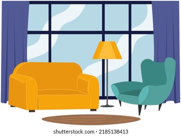 Living room interior with two armchairs next to window with plants on carpet. Modern home decor and decoration. Stylish cozy chair in livingroom interior background concept for arrangement design