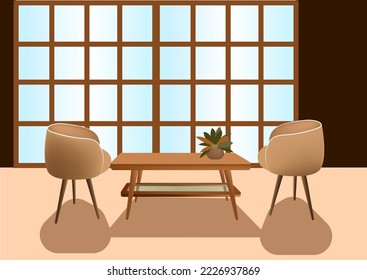 Living room interior. Two armchairs and a table. A cozy place to read, relax or reflect. Set of vector furniture and flowers. Flat style. Graphic design template.