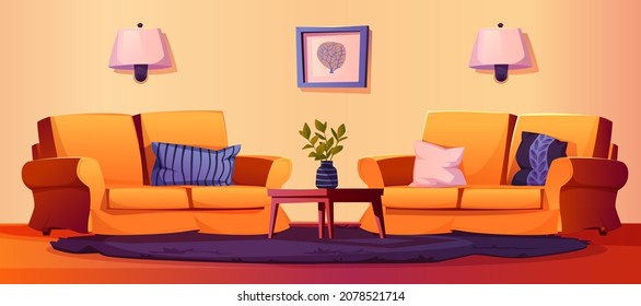 Living room interior with two comfortable sofas with pillows, picture and hanging lamps on wall, table with potted house plants. Carpet on floor, furniture in livingroom, indoors apartment design