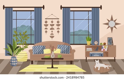 Living room interior with two large windows. Sofa, coffee table with vase, cups and cookies. A stand with a record player, records, candles and clocks, figurines. Flowers and mirror, decorative wall