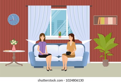 Living room interior with two women sitting on couch. Domestic room with furniture, window and house plants. Meeting of girlfriends in the apartment. Vector illustration.