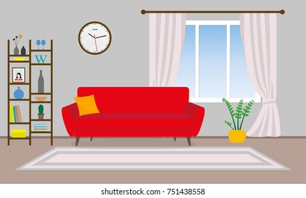 Living room interior. Vector background with sofa, shelf, pictures and window with curtains. Home or house design. Modern decor. Vector illustration.