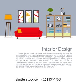 Living room interior. Vector banner with space for text. Modern furniture: sofa, bookshelf, lamp, pictures on the wall. House or apartment interior design. Home inside. Vector illustration.