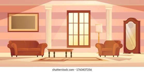 Wohnzimmer Räume. Vektorbanner. Retro moderne Innenausstattung und Deko-Accessoires.