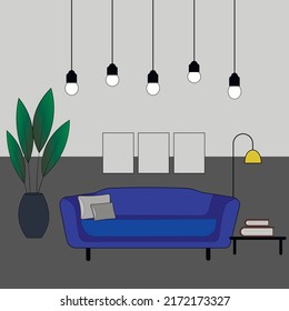 Wohnzimmereinrichtung. Vektorbanner. Die Einrichtung eines gemütlichen Zimmers mit Sofa, Blume, Lampen, Einrichtungsgegenständen und Accessoires.