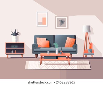 Living room interior. Vector banner. Design of a cozy living room with a sofa, table and decor accessories.