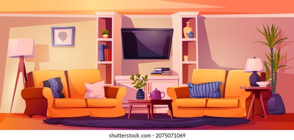 Living room interior vector cartoon illustration. Two comfortable sofas with pillows, TV on wall and bookshelves, table with tea and potted house plants. Lamp and pictures, carpet on floor, table