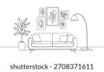 Living Room Interior Vector . Continuous One Line Sofa Home Decor Illustration Vector
