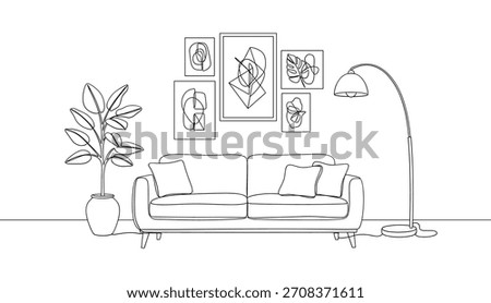 Living Room Interior Vector . Continuous One Line Sofa Home Decor Illustration Vector