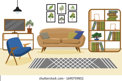 Living room interior vector. Design of a cozy room with sofa,  window and decor accessories. Vector illustration about interior