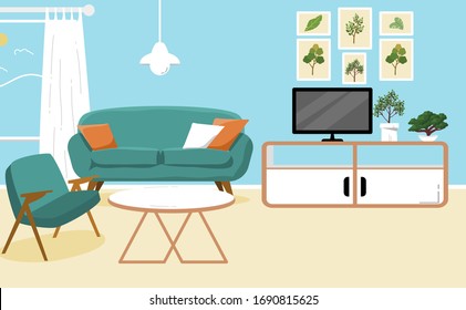 Living room interior vector. Design of a cozy room with sofa,  window and decor accessories. Vector illustration about interior