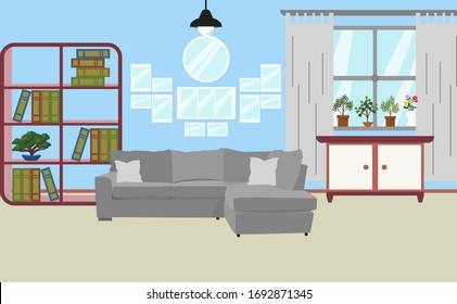 Living room interior vector. Design of a cozy room with sofa,  window and decor accessories. Vector illustration about interior