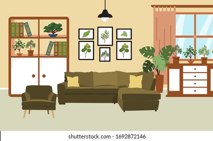Living room interior vector. Design of a cozy room with sofa,  window and decor accessories. Vector illustration about interior