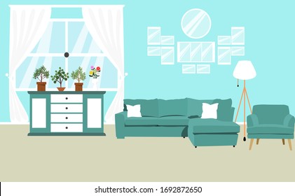 Living room interior vector design with sofa armchair and cabinet. Vector illustration about interior