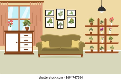 Living room interior vector. Design of a cozy room with sofa,  window and decor accessories. Vector illustration about interior