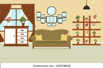 Vector interior de salón. Diseño de una acogedora habitación con sofá, ventana y accesorios de decoración. Ilustración vectorial sobre el interior